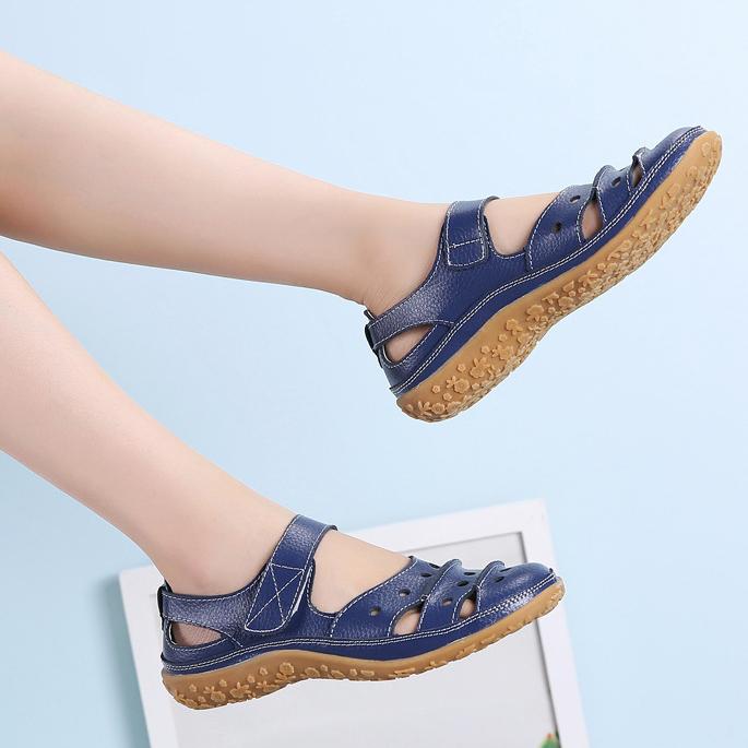 Letní dámské sandály velké velikosti vyduté kožené boty Dámské jednobarevné jednobarevné prodyšné pracovní boty