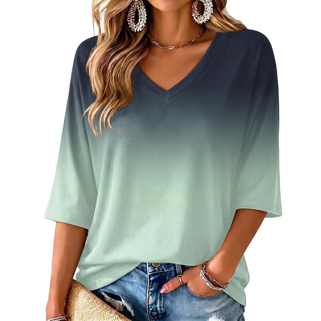 Women's V-Neck Gradient Print Blouse Lightweight for Spring and Summer