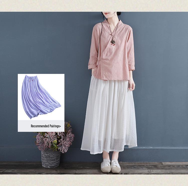 Bluză de damă în stil chinezesc, brodată, din bumbac și in - Plachetă asimetrică cu nasturi tip broască, top Hanfu cu mâneci lungi pentru toamnă