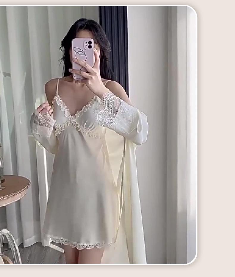 Set de pijamale din dantelă din mătase de gheață: Cămașă de noapte și halat de vară cu cupe