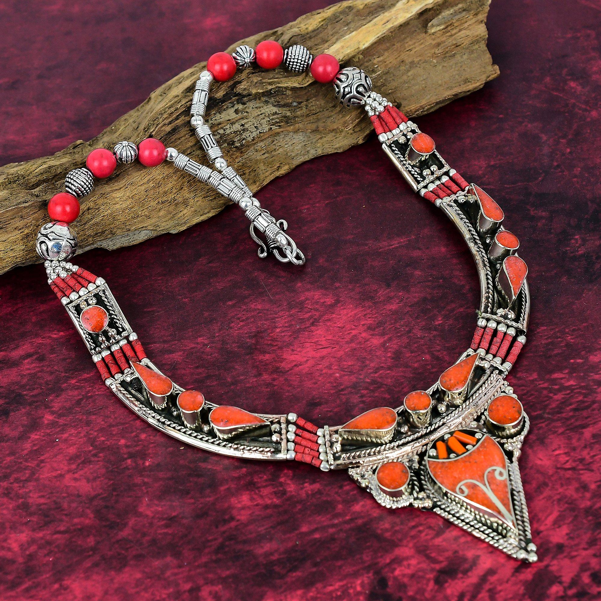 

Коралловое непальское ожерелье Ручная работа, Ожерелье из стерлингового серебра 925 пробы Дизайнерские украшения с драгоценными камнями Ожерелье с регулируемой цепочкой