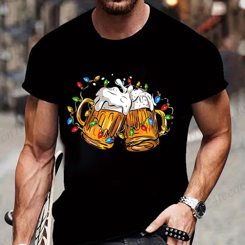Fashionable Merry Christmas Beer Pattern Men's T-shirt Fashionable Trend Drinking Beer Printed T-shirt Fun Christmas Party Shirt Top