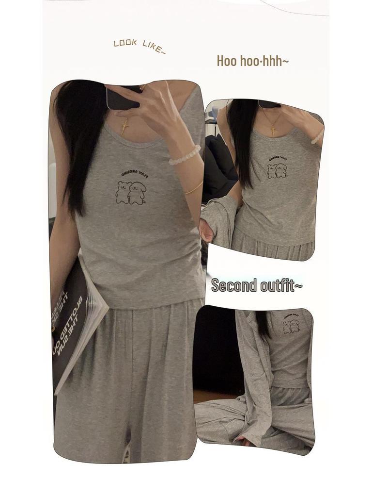 Women's Modal Cotton Pajama Set - Three-Piece Sleeveless and Long Sleeve with Chest Pads for Indoor or Outdoor Use