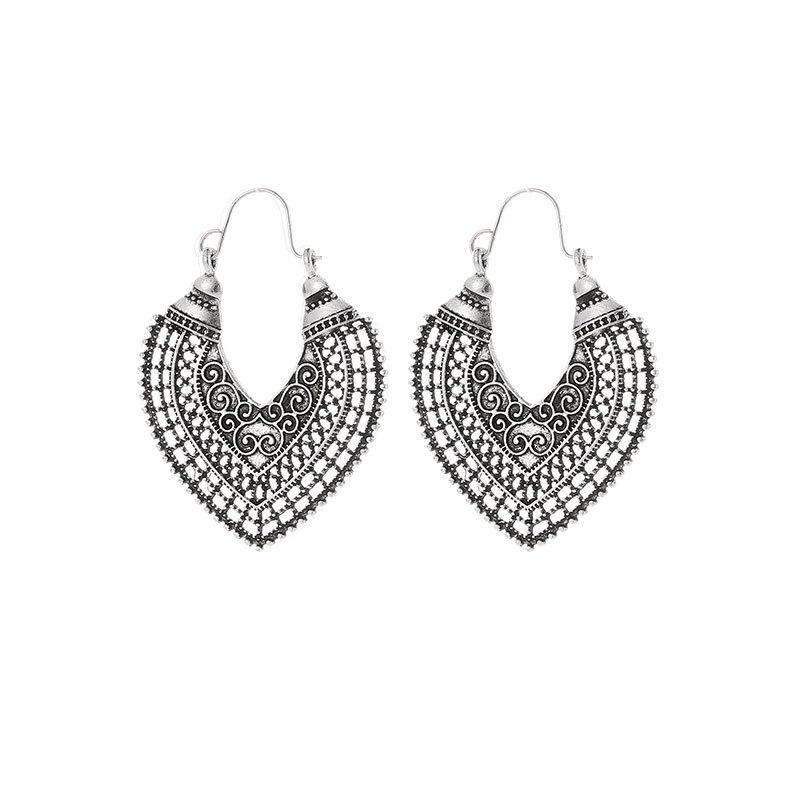 Bohemian Carved Hollow Heart & Geometric Semicircle Earrings