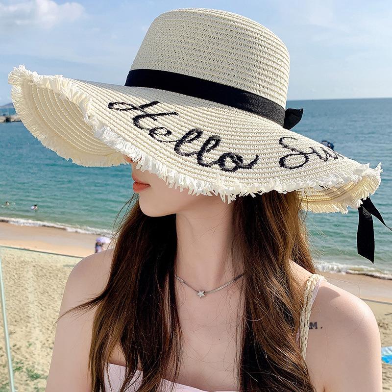 Summer Bow Sun Hat Female, Seaside Beach Vacation Sun Hat Outdoor Big Brim Sun Hat Sweet Straw Hat