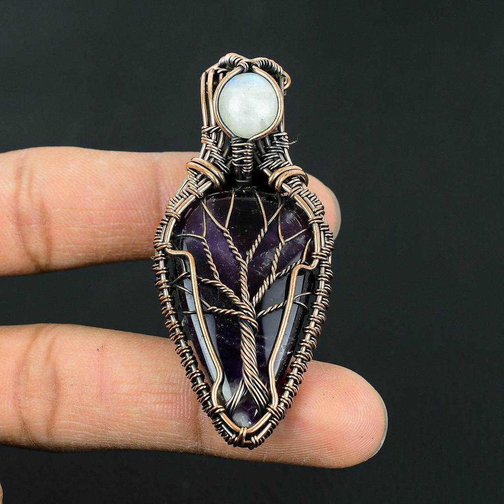 Tree of Life Wire Wrapped Amethyst & Moonstone Pendant Handmade Copper Jewelry for Women Healing Crystal Necklace Gift