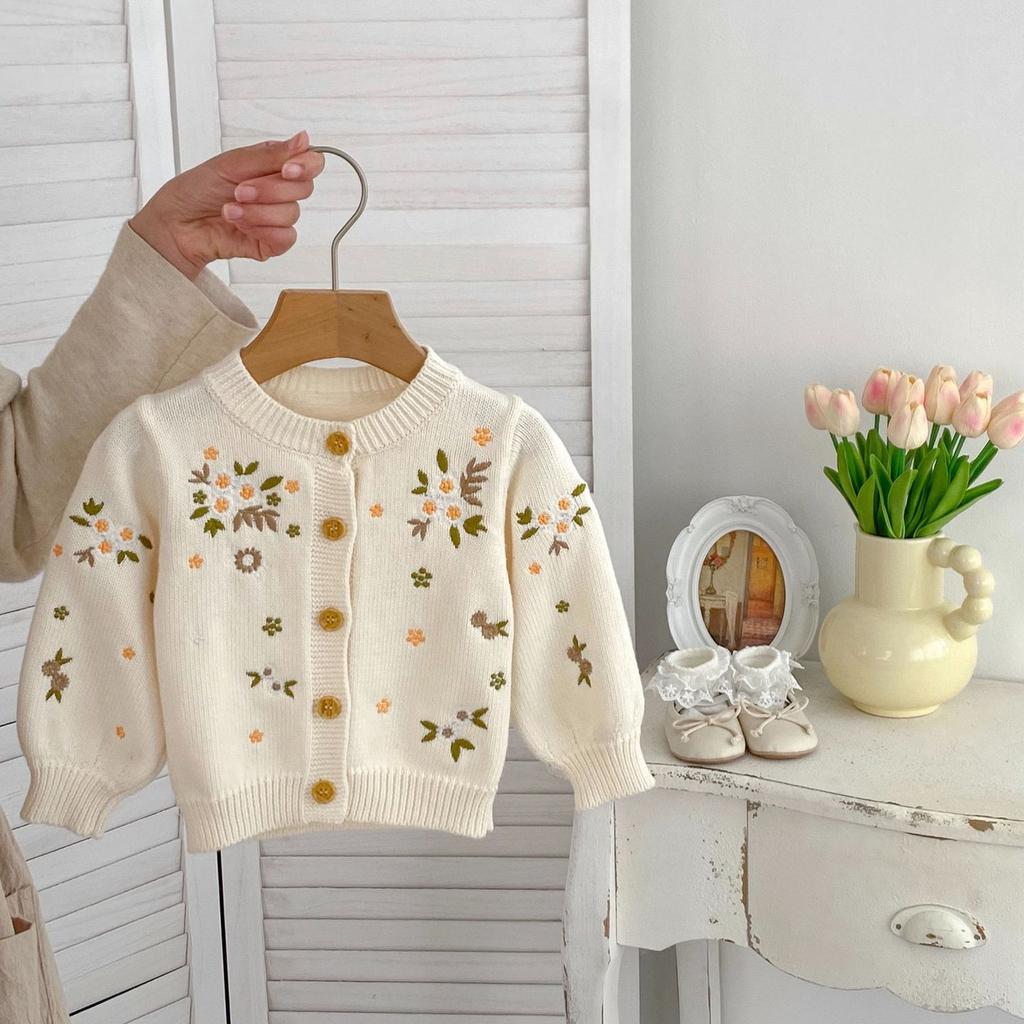Girls Floral Embroidered Cotton Knit Cardigan for Autumn