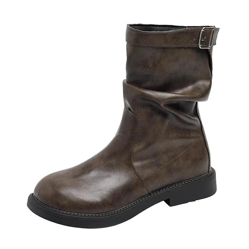Mode 2024 Heißer Verkauf Schuhe für Damen Schnalle Damenstiefel Herbst Winter Runde Zehe Warm Einfarbig Mittelhochschaft Niedrig Absatz Modestiefel