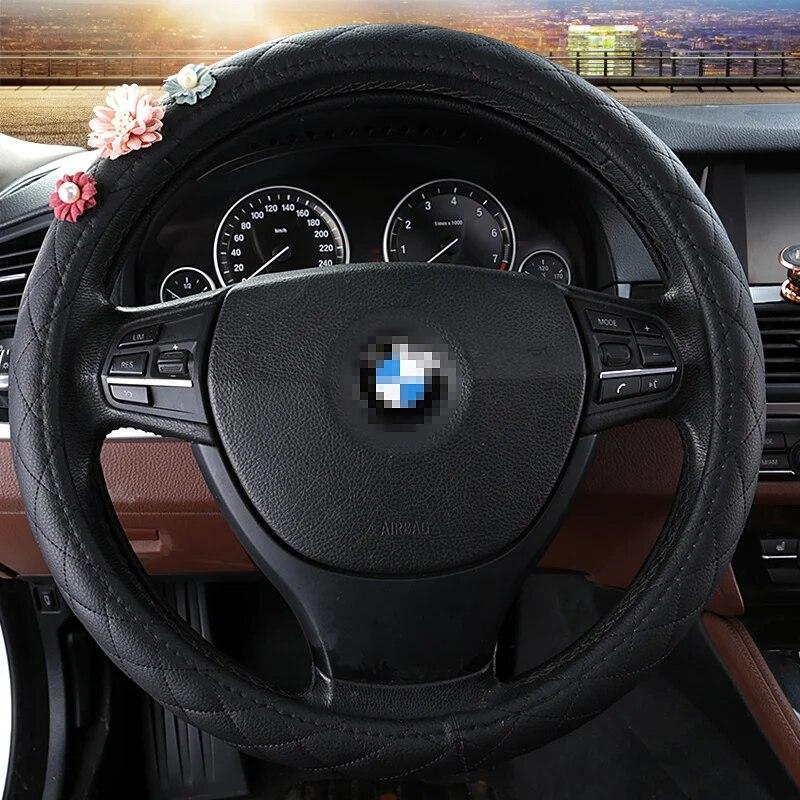 DERMAY Black Car Steering Wheel Cover with Cute Flower for Women Girls Size M Fit 14-15" Steering Wheel 95% Cars O and D Shape