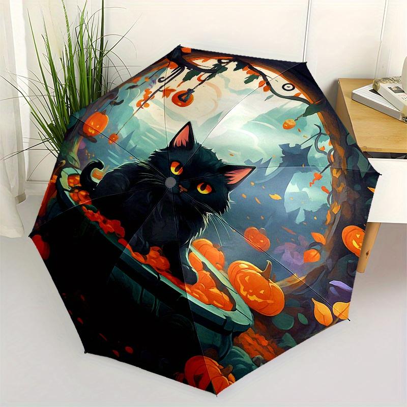 Halloween Black Cat Pumpkin Decorative PlateUmbrella, Portable 3-Fold Compact Umbrella,Christmas Gift ES382