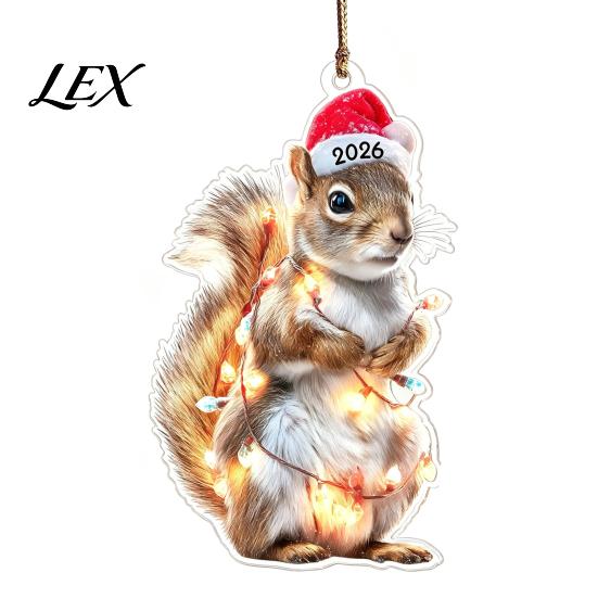 Christmas Tree Hanging Accessories Animal Ornaments with Lanyard, Cute Double Sided Pendant 2026 Acrylic Gift Tags Santa Hat, 2D Flat Sign for Holiday