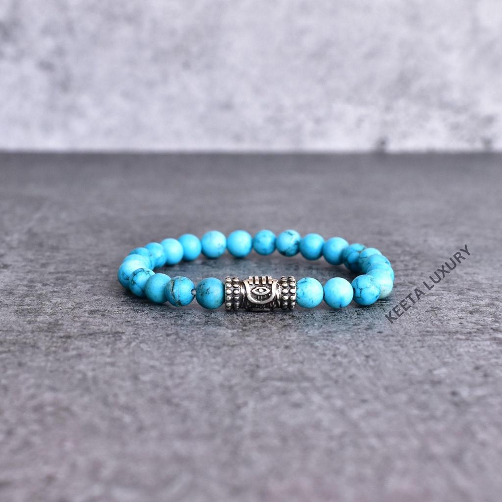 Natural Turquoise Gemstone Bead Bracelet Turquoise Celtic Symbol Beaded Jewelry Tree of Life Charm Stretchable Handmade Charm Bracelets
