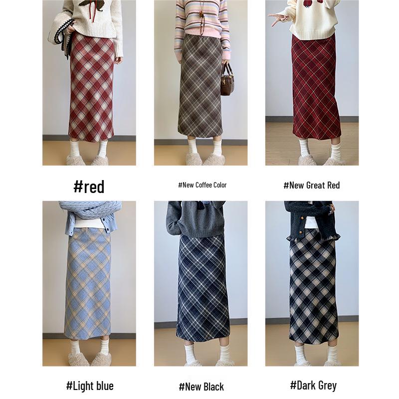 Roter Retro-Woll-Karo-Rock mit Schlitz - Herbst/Winter Beflockter, formender Hüftwickelrock
