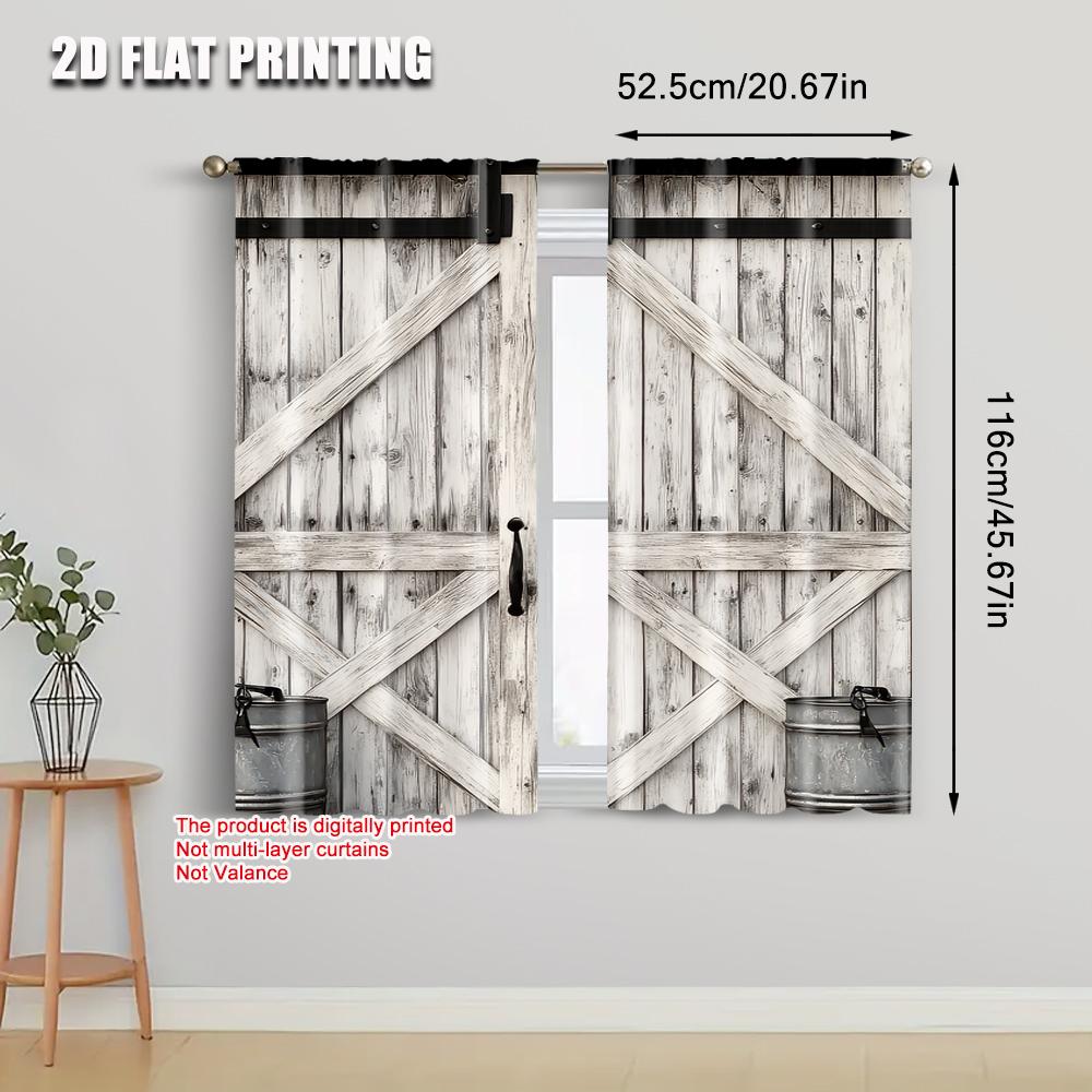 2 Stück Holz Retro Scheunentor Muster Vorhang Landhausstil Dekorativ Bedruckt Lichtfilternder Vorhang für Heimdekoration