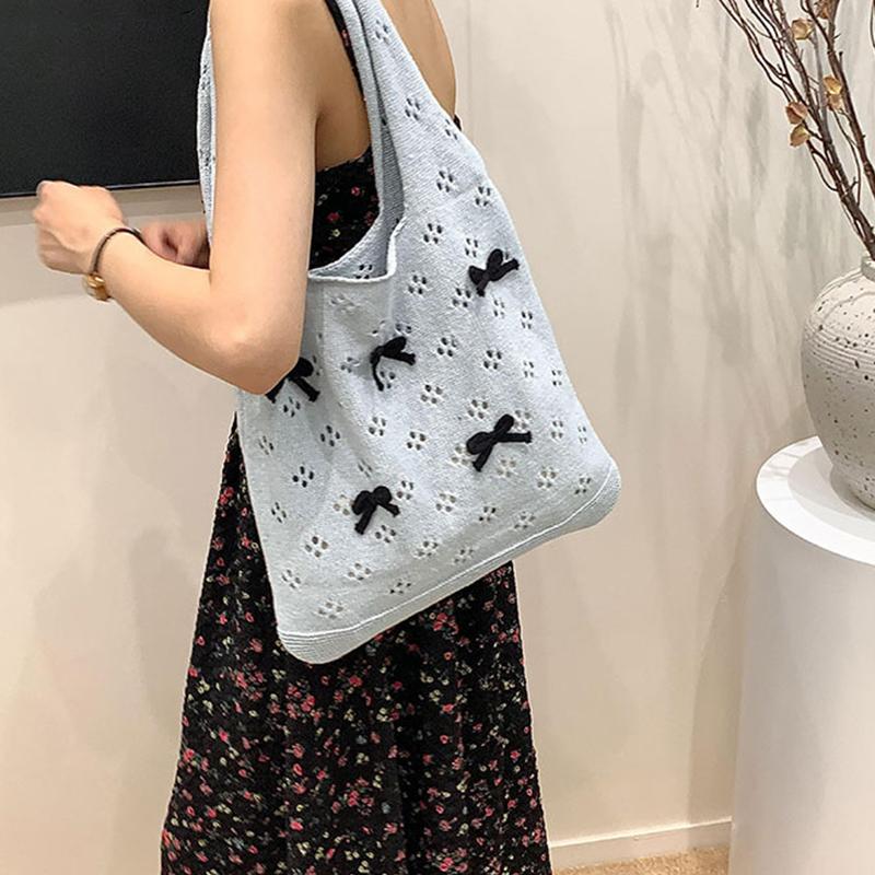 Aesthetic Knitted Bag Women Hollow Out Crochet Bow Handbag Large Capacity Handmade Tote Bag Summer Beach Woven Shoulder Bag