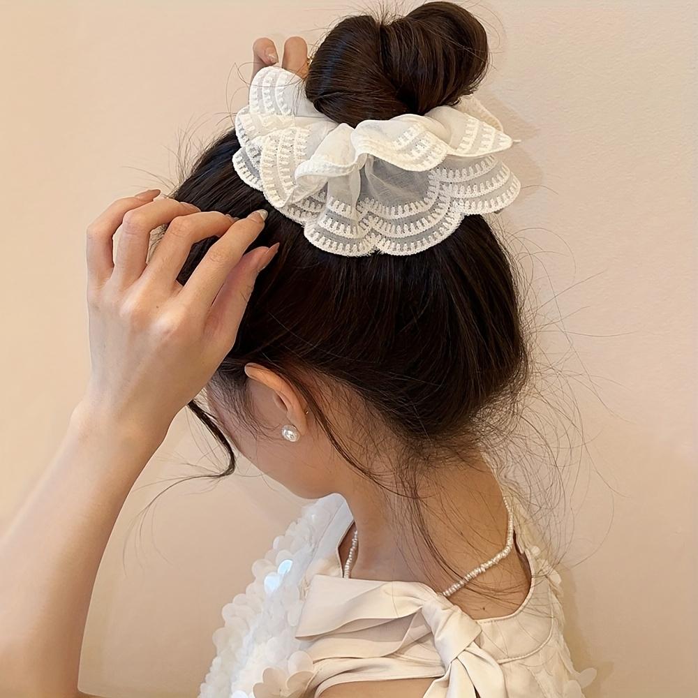 Luxurious Beige Lace Hair Scrunchie for Women - Exquisite Embroidered Minimalist Hair Tie with French Romantic Style, Soft and Breathable Fabric