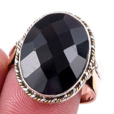 Natural Black Onyx Gemstone 925 Solid Silver Jewelry Two Tone Ring Size 9US s1F00