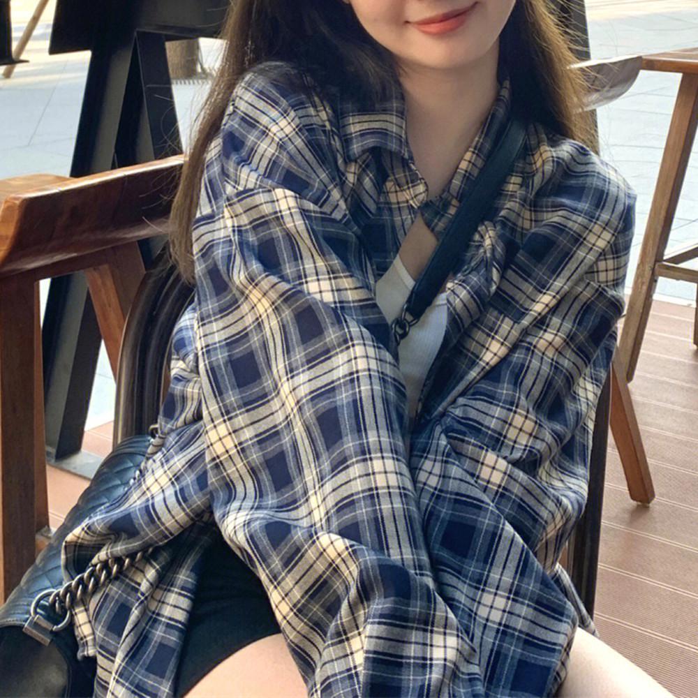 

Le Ding Spring/Summer Women s Retro Plaid Sunscreen Shirt - Hong Kong Style Chic Top L [95-115 jin] темно-синього кольору
