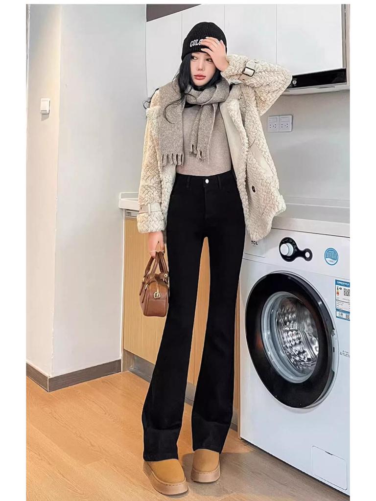 Women's Fleece-Lined High-Waisted Black Flared Denim Pants - 2025 Autumn/Winter Trend