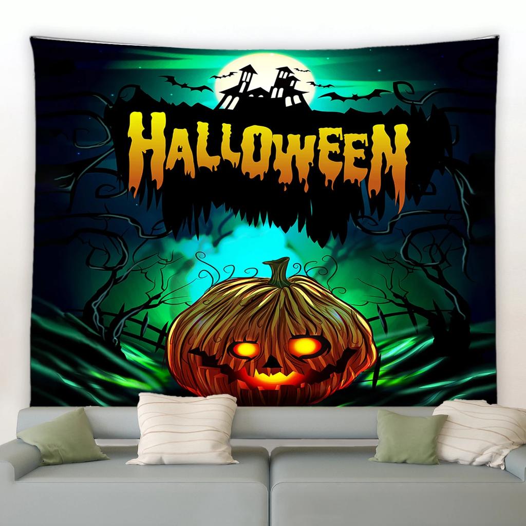 Happy Halloween Tapestry Horror Spooky Castle Pumpkin Wall Hanging Dorm Room Wall Decor Backdrop Fabric Halloween Wall Blanket