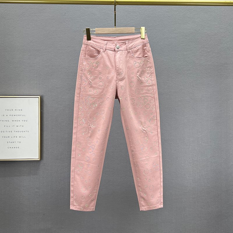 

Candy Color High Waist All-Matching Hot Drilling Nine Points Denim Leather pink 29