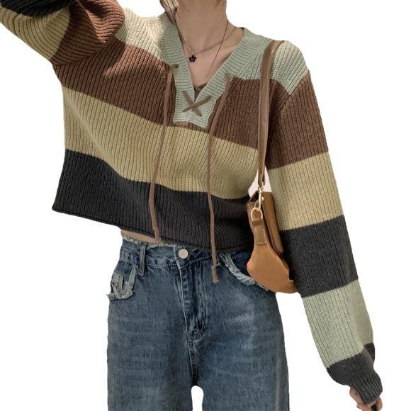 Versatile retro striped v-neck sweater short women's loose niche contrasting color high-end lace-up knitted sweater