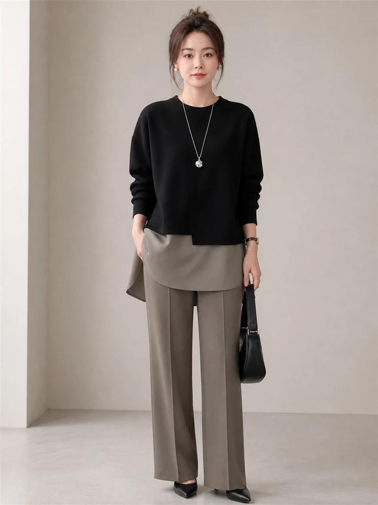 Design Style Splicing Autumn New Loose and Slim Mid-length Sweatshirt for Women with High-end Feel