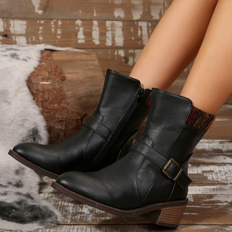 Side Zipper European and American Autumn and Winter Motorcycle Boots Short Boots Heel Martin Boots Women's Boots Belt Buckle Low Black