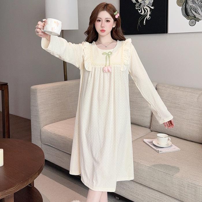 Spring & Autumn Korean Jacquard Maternity Slimming Lace Pajamas - Women's Long Sleeve Mid-Length Plus Size Sleep Dress
