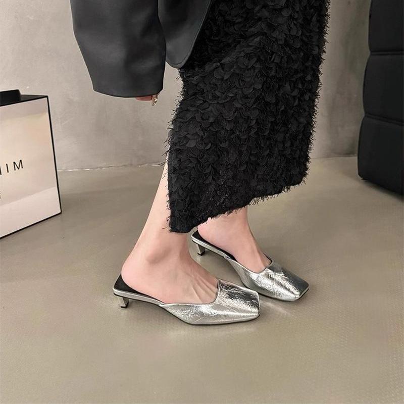 French Temperament Bag Head Half Slippers Women's Spring and Summer 2025 New Square Head Silver Fashion Evening High-heeled Women's Slippers