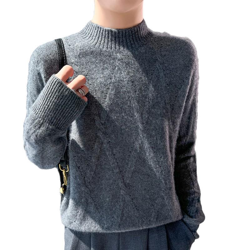 Women's Heavyweight Wool Diamond-Knit Sweater, Half-High Neck, Loose Fit.