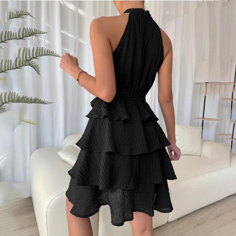 Autumn Winter Women Sleeveless High Waist A-Line Dress Solid Color Halter Casual Knee-Length Ruffled Edges
