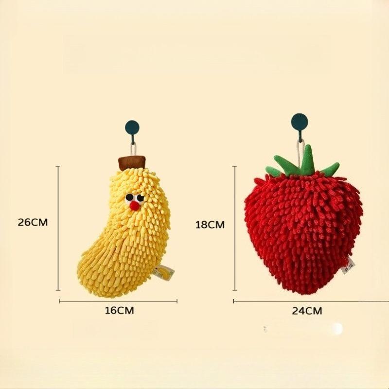 Chenille Cute Hand Towels, Super Soft Water Absorbent Decorative Hand Towels with Hanging Loop,Kitchen Towels, Yellow Banana and Strawberry, 1pc
