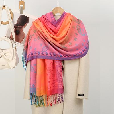 Damen Winter Elegant Jacquard Pashmina Imitation Kaschmir Schal Dame Regenbogenfarbe Schal Dick Warm Wickeltuch Kälteschutz Decke Schal