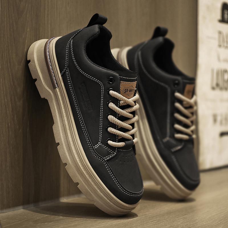 

Men Leather Casual Shoes Outdoor Thick Sole Men Work Boots Comfortable Walking Sports Shoes for Men Designer Anti-Slip Men Shoes 38 чёрный