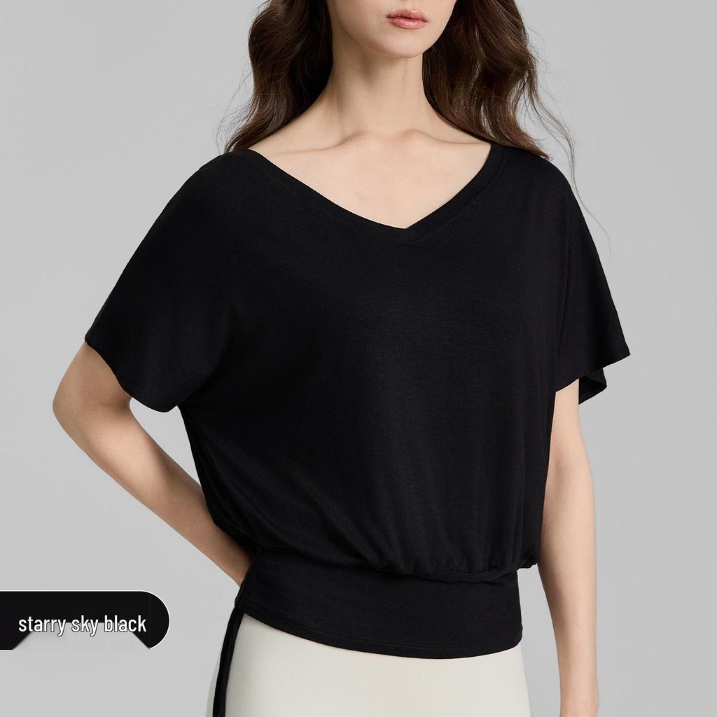Women's V-neck Batwing Yoga T-shirt: Loose, Short Sleeve, Drawstring, Lazy Style for Spring/Summer 2026.