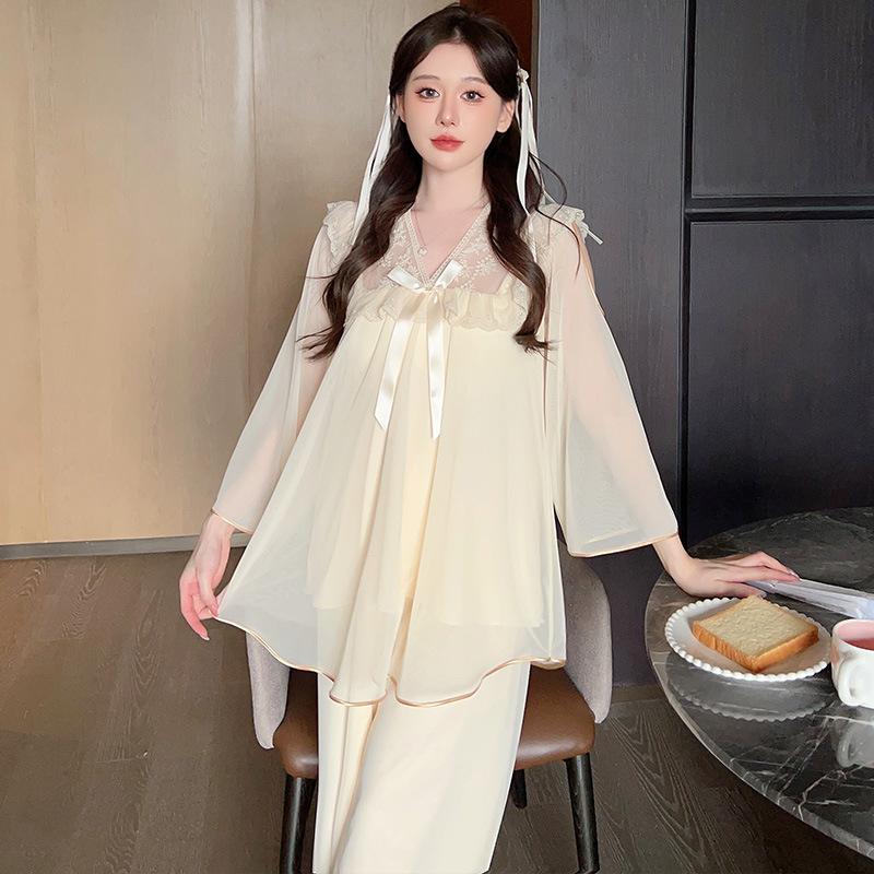 Linglei Long-Sleeved Pajamas Women'S Mesh Yarn Sweet Lace Princess Wind Trousers Set Loungewear