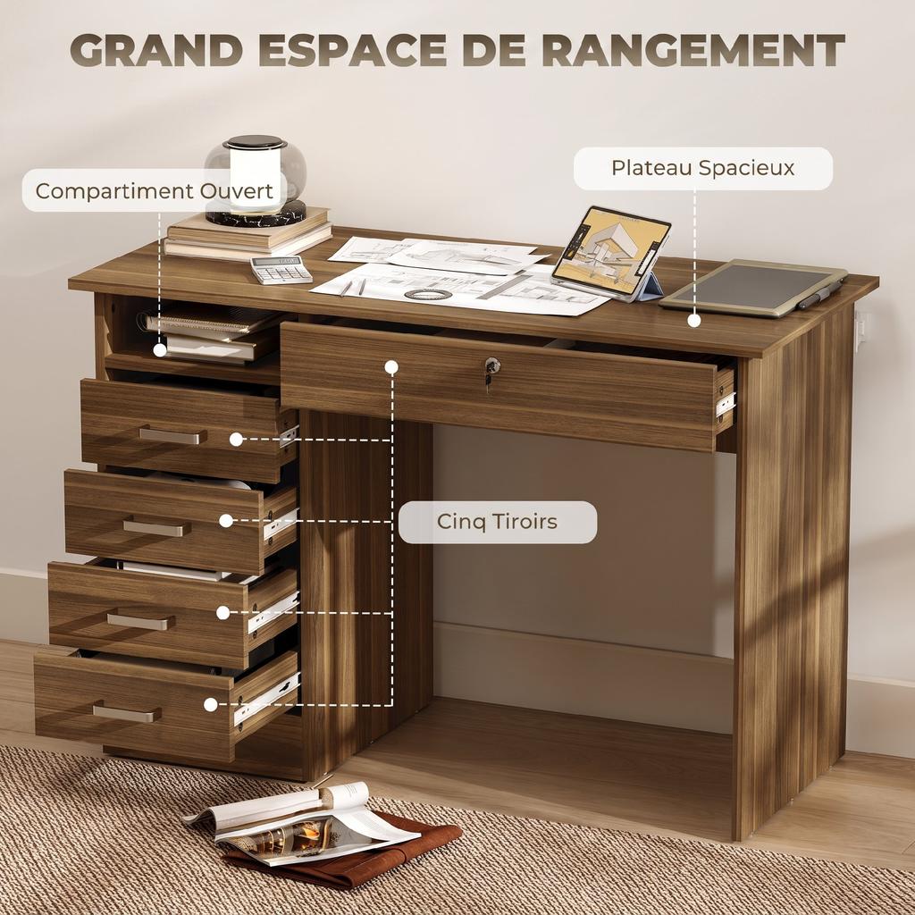 Computer Desk, 5 Drawers, 110 x 50 cm, Open Shelf, Lockable Drawer, Walnut