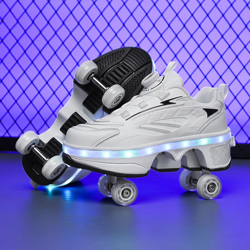 Scarpe da pattinaggio a rotelle a quattro ruote a doppia fila LED Flash Scarpe a rotelle a doppio uso Uomo Donna Sneakers casual Scarpe sportive per passeggiate con il cane