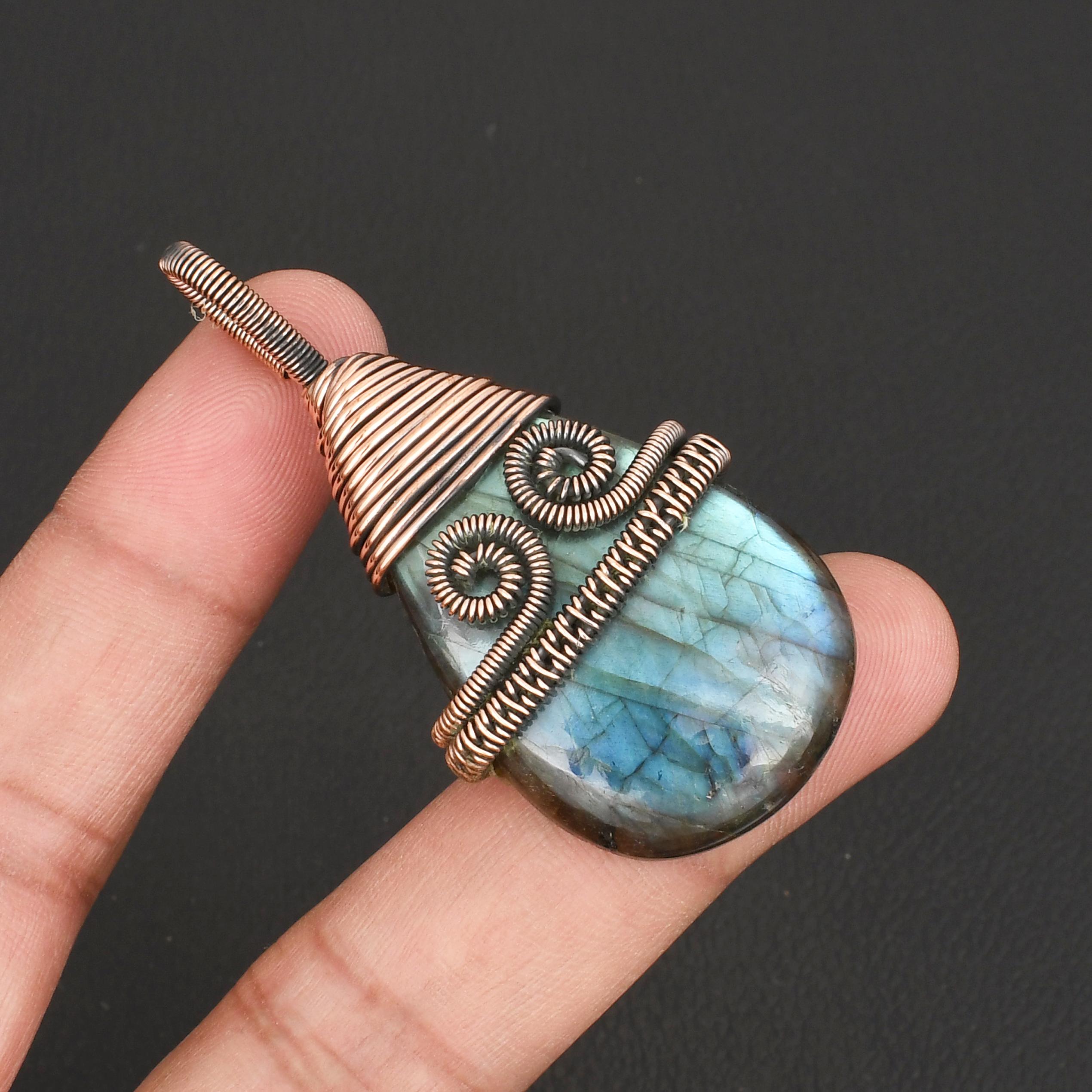 Handmade Copper Wire Wrapped Labradorite Pendant -Natural Blue Flash Gemstone Necklace  Vintage Style Jewelry for Women