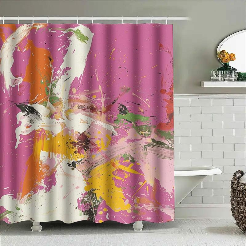 Fashionable Bath Shower Curtain Print Decor For Home Bathroom Decoration Pink Abstract Art With Orange Yellow Green Splashes, Po