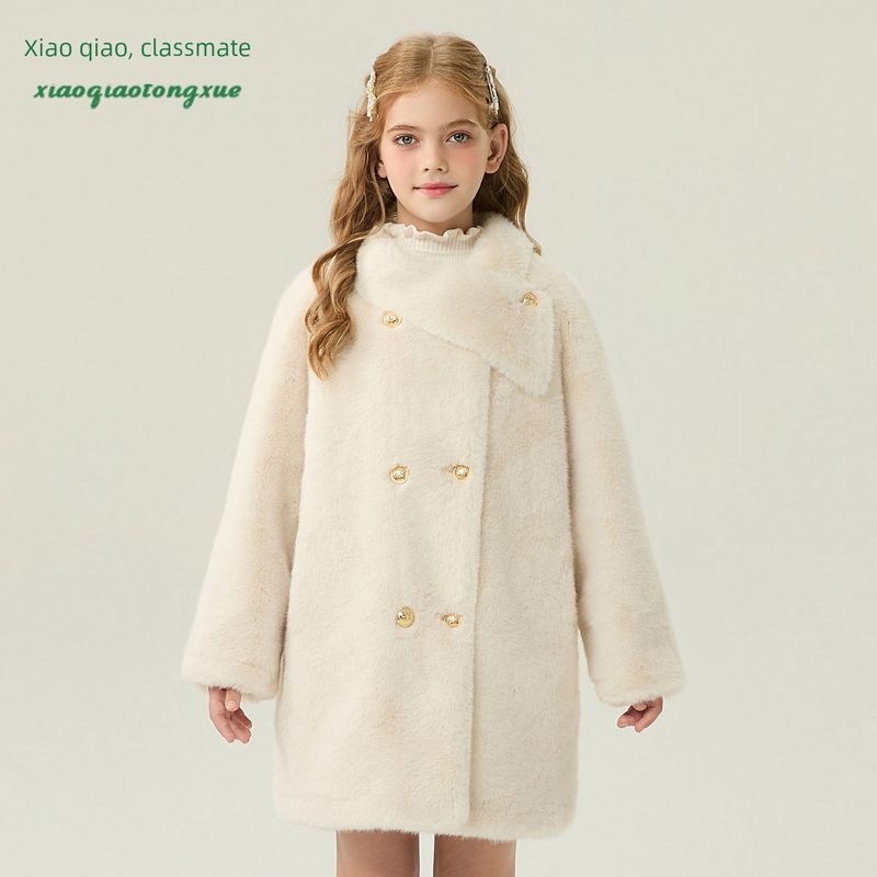 Children s Fur Coat 2025 Autumn and Winter New Style Girls  Imitation Mink Fur Coat Little Girl s Mid-Length Double-Breasted Coat White 110