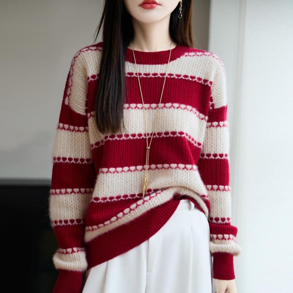 Women's Striped 100% Wool Sweater: Round Neck, Color Block, Loose Fit Knitwear, Plus Size, European Style.