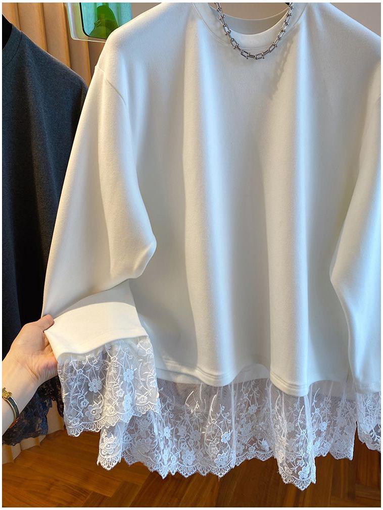 Women's White Patchwork Lace Long Sleeve T-shirt, Autumn/Winter 2025 - New Loose Fit, Slimming, Thickened Inner Layer