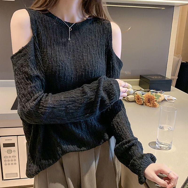 

Трикотаж с открытыми плечами Свободный пуловер с круглым вырезом Длинный рукав Тонкий ажурный топ Весна Осень Ленивый стиль 2XL чёрный