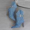 Fashion Liyke Western Style Cowboy Boots For Woman Fashion Rivet Belt Buckle Ankle Booties Pointed Toe Blue Denim High Heels Pumps Shoes