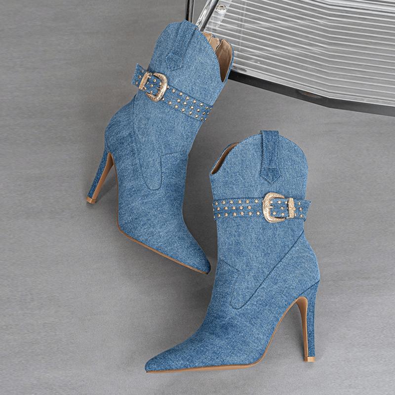Fashion Liyke Western Style Cowboy Boots For Woman Fashion Rivet Belt Buckle Ankle Booties Pointed Toe Blue Denim High Heels Pumps Shoes