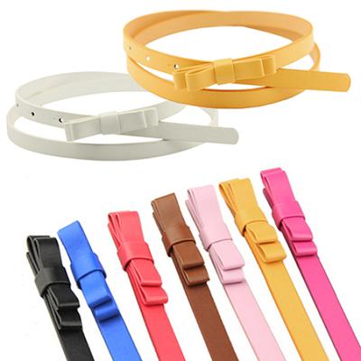 Women's Candy Color 2 Layers Bowknot Thin Narrow Belt PU Leather Waistband Strap