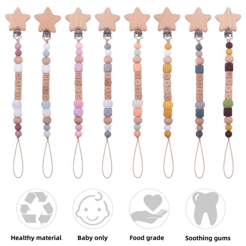 Baby Pacifier Clips Handmade Wood Soother Chew Teethers Toys Dummy Safe Silicone Teething Pacifier Chains Gift