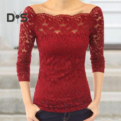Top da donna, camicia in pizzo a maniche lunghe con scollo a V, con giunture in pizzo cavo, tinta unita, vestibilità attillata, top in pizzo ricamato a fiori